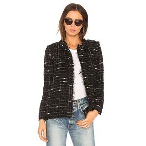 IRO Espo Tweed Jacket Black White Wool Alpaca Fringe Trim Blazer Size 40 US 8